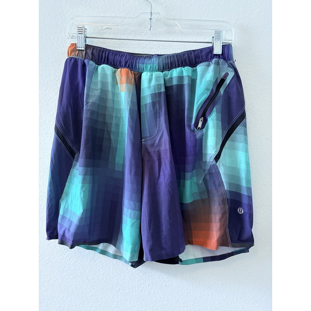 Lululemon Mens Geometric Pixel Print Athletic Shorts Purple Teal Size Medium